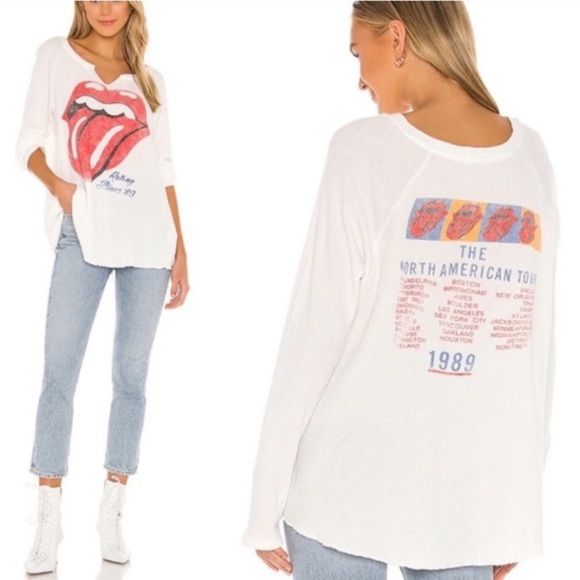 DAYDREAMER ROLLING STONES TOUR WAFFLE TEXTURE V NECK BAND TEE XS WHITE - Picture 1 of 10